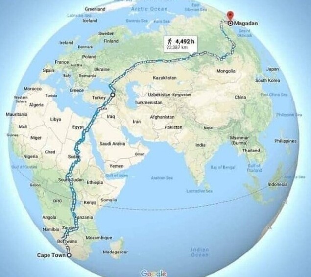 Самый длинный путь в мире - от Кейптауна, ЮАР, до российского Магадана. Он составляет 22387 км, и проходит через 17 стран, 6 часовых поясов и все времена года