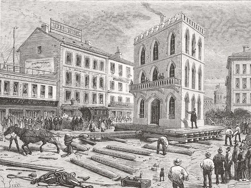 Гравюра 1877 года посвящена перевозке дома в Нью-Йорке