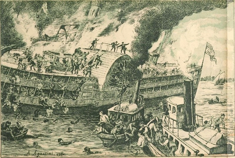 Трагедия в Нью-Йорке. Пароход «Генерал Слокам» сгорел посреди реки, унеся почти тысячу жизней