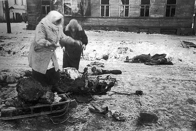 Жители блокадного Ленинграда в голод пытаются добыть пищу, разделывая труп лошади, 1941 год