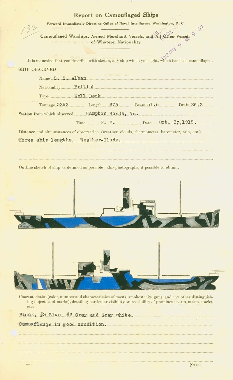 Официальный отчет о закамуфлированном корабле, 1918 год