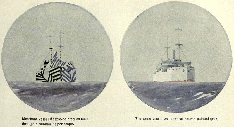 Вид из перископа подводной лодки (рисунок художника): слева - корабль в ослепляющем камуфляже и тот же корабль без него, Encyclopædia Britannica, 1922