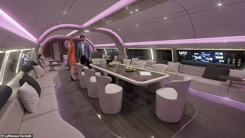Многофункциональная зона отдыха в центре самолета имеет проекционную систему, встроенную в стены и потолки