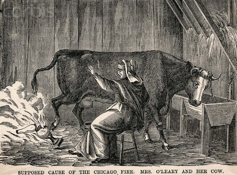 Иллюстрация 1871 года из журнала Harper’s Magazine, на которой миссис О’Лири доит корову