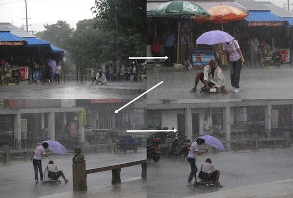 Девушка вынесла зонт, чтобы спасти инвалида от дождя