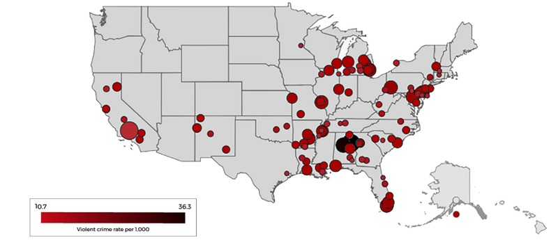100 самых опасных городов США (по уровню насильственных преступлений на 1000 человек)
