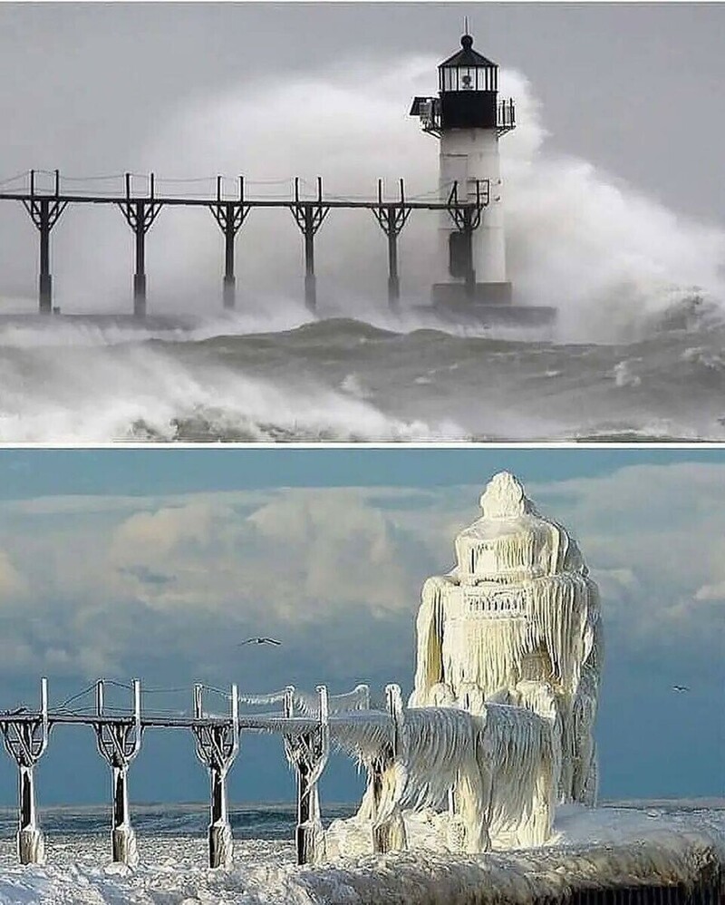 Мичиганский маяк до и после зимнего шторма