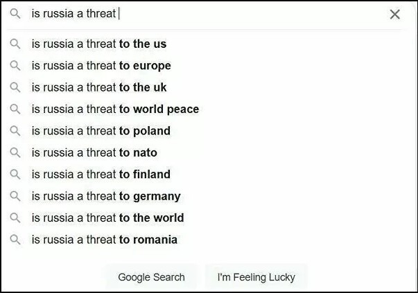 Автозаполнение Google "Россия угрожает"