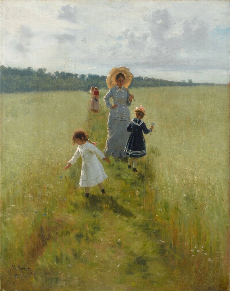 Репин Илья Ефимович "На меже. В.А. Репина с детьми идёт по меже" (1879)