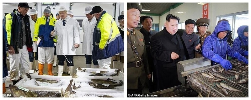 Рыболовное: Борис Джонс Ын просматривает дневной улов и дает советы на шотландском промысле, а Ким Чен Ын делает то же самое на рыболовном предприятии где-то в Северной Корее