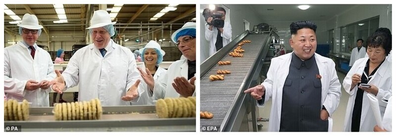 На сладкое потянуло: Борис Джонсон посещает фабрику по производству печенья во время кампании Brexit в 2016 году, Ким Чен Ын посещает северокорейскую продовольственную фабрику в 2014 году