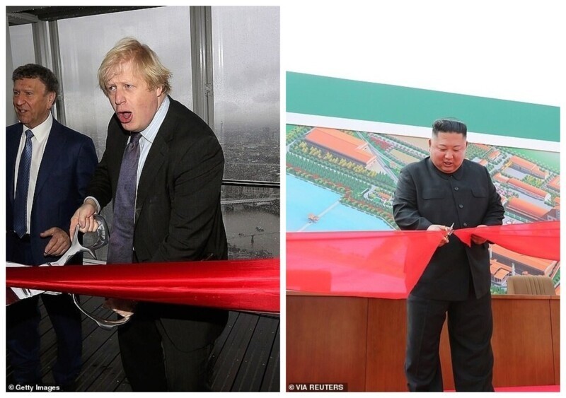 Борис Джонсон официально открывает небоскрёб The Shard в 2013 году, Ким Чен Ын присутствует на завершении строительства завода по производству удобрений в 2020 году
