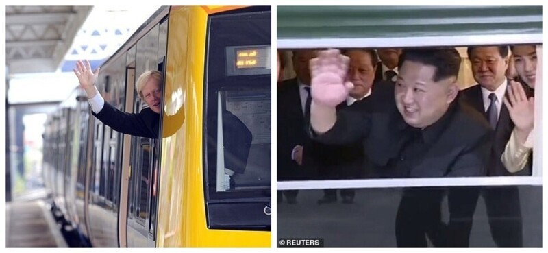 Железнодорожное: Борис изображен за штурвалом лондонского надземного поезда в 2009 году, а Ким машет рукой из окна своего бронепоезда в 2018 году