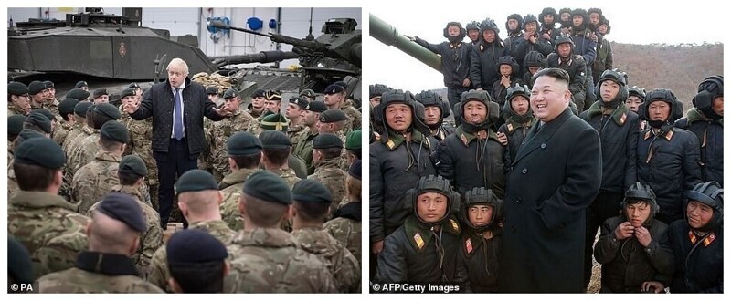 Сплочение войск: Борис произносит речь перед британскими войсками о развертывании НАТО в странах Балтии на Рождество 2019 года, Ким выступает перед экипажами северокорейских танкеров в 2017 году 