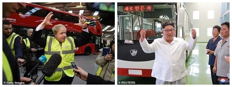 Вот такая штука: Рабочие североирландского завода по производству двухэтажных лондонских автобусов получают инструкции от Бориса Джонсона, а Ким Чен Ын консультирует северокорейских производителей автобусов