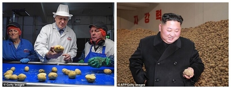 Дары земли: Борис Джонсон осматривает картофель во время посещения фабрики в Северной Ирландии в 2019 году, Ким Чен Ын делает то же самое на продовольственном складе в Северной Корее в 2018 году