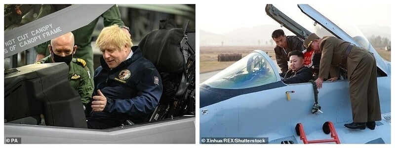 Игрушки для мальчиков: Борису показывают внутреннюю часть кабины F-35 Lightning во время тура по авианосцу HMS Queen Elizabeth в мае прошлого года, Ким сидит в кабине российского истребителя в Северной Корее в 2014 году