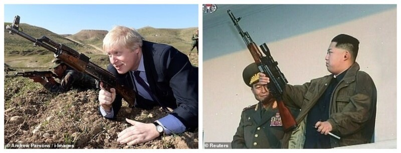 Оружие: уважаемый лидер Великобритании держит АК-47 во время обучения курдских сил Пешмерга в Ираке в 2015 году, а уважаемый лидер Северной Кореи осматривает аналогичную винтовку где-то в своей стране в 2012 году