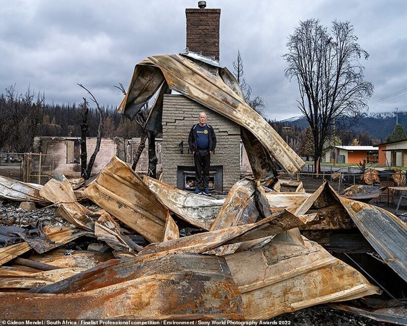 Житель города Гринвилл, США, на развалинах своего дома, разрушенного лесными пожарами в 2021 году. Фотограф Gideon Mendel