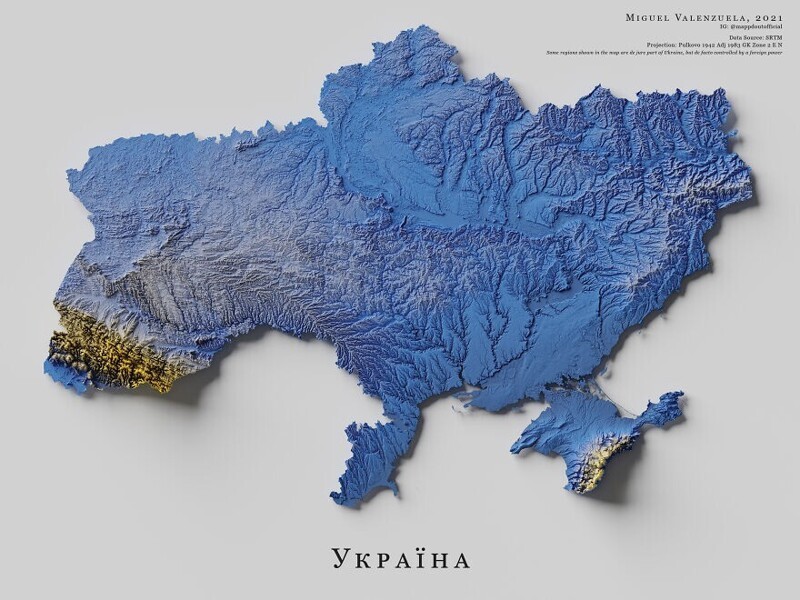 1. Топографическая карта Украины, трехмерное отображение рельефа