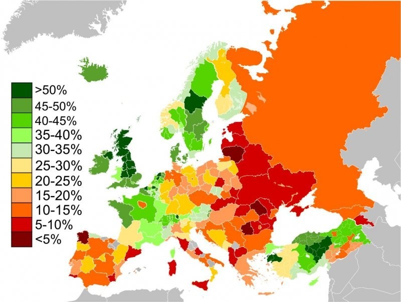 20. Доля людей в Европе, назвавших себя "очень счастливыми" в 2018 году