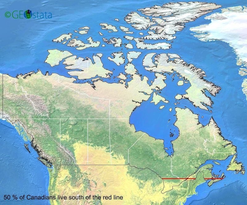 16. 50% населения Канады живут южнее красной линии
