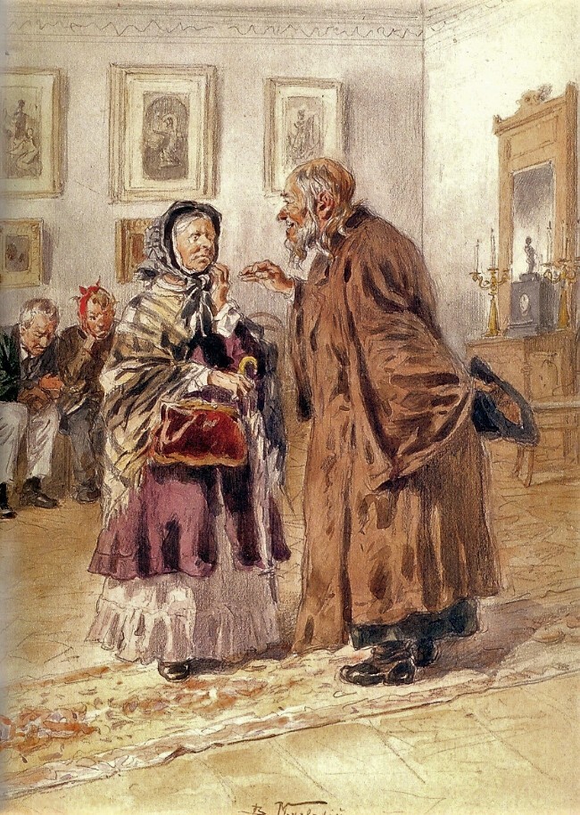 Маковский В.Е., «У зубного врача», 1870, бумага, акварель, 32,5 х 24,5 см