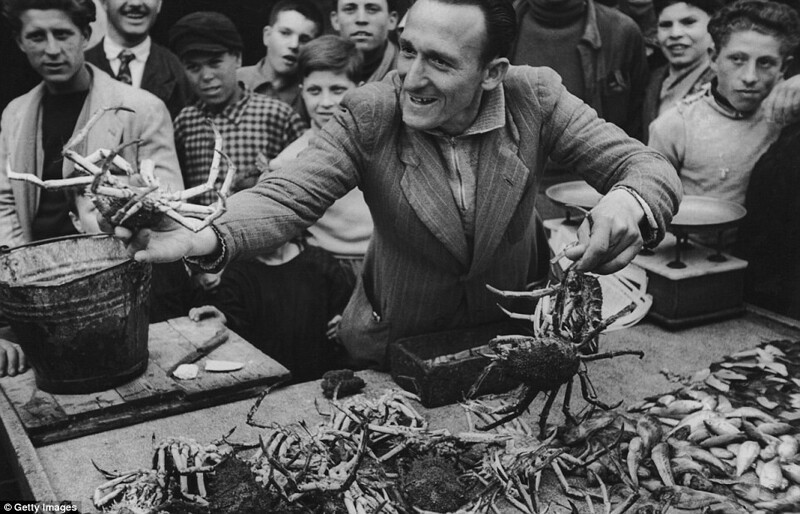 В ритме города: лавочник торгует живыми крабами на рынке в одном из итальянских рыбацких городков, около 1950 года.