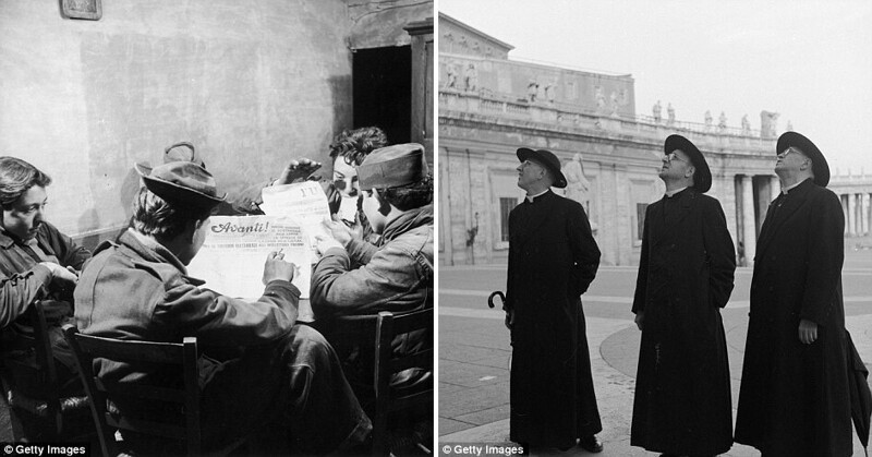 На фото слева: итальянцы завтракают в кафе в Риме и читают газеты «Unita» и «Avanti». На фото справа: священники осматривают архитектуру во время посещения Ватикана.