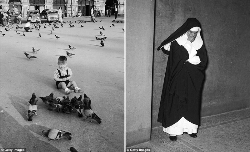 На фото слева: мальчик играет с голубями на площади в Триесте, 1950 год. На фото справа: католическая монахиня в Риме на конференции по модернизации итальянских конгрегаций, 1955 год.