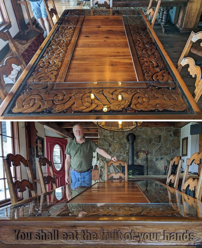 "Этот кельтский стол делали два поколения в течение 17 лет. Красный кедр. Пьедестал из древесины, спасённой после пожара"