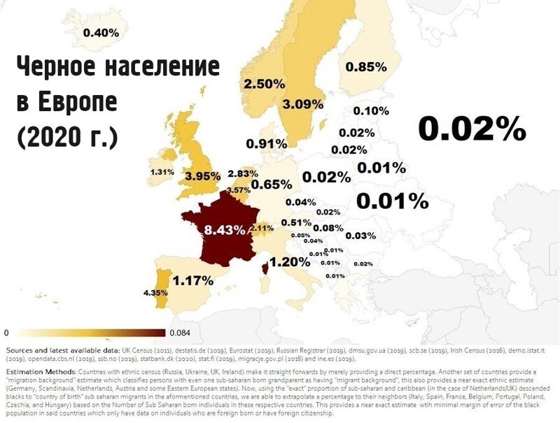 Процент чернокожего населения в Европе (2020 г.)