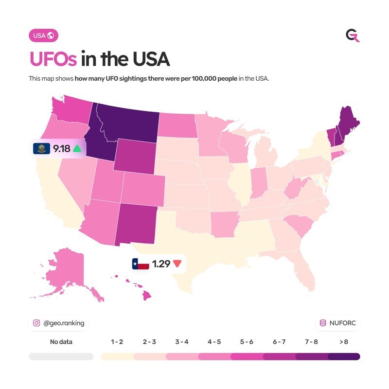 На этой карте показано, сколько наблюдений НЛО приходилось на 100 000 человек в США.