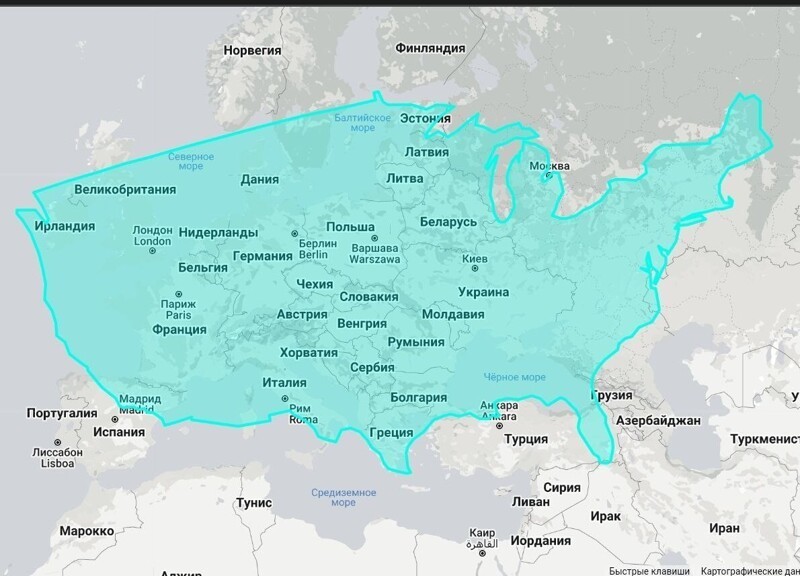 Сравнение размеров США и Европы