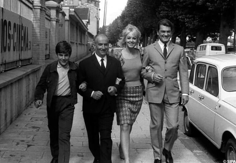 Луи Де Фюнес, сын Оливье Де Фюнес, Милен Демонджо, Жан Маре, во время съемок фильма ′′ Фантомас ′′ 1960 год