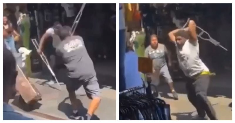 В торговом районе Лос-Анджелеса парню показалось, что продавец что-то сказал про цвет кожи и он избил его костылём