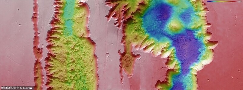 Топографическое изображение с цветовой кодировкой, показывающее каньоны Ио и Титона