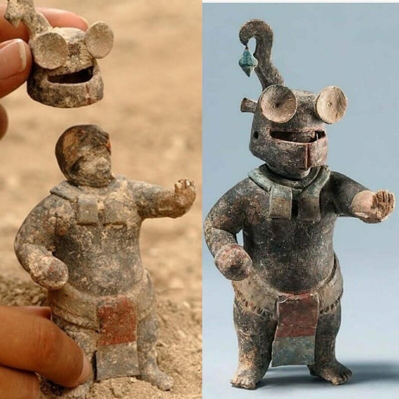 1500-летняя керамическая статуэтка Майя со съемным шлемом из Перу-Вака’ Петен, Гватемала