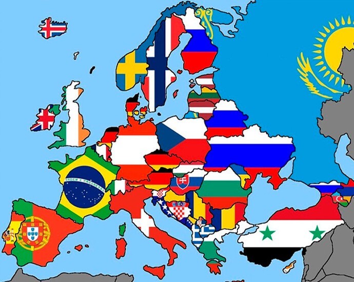 30. Карта Европы, но флаги на странах показывают, с какой страной у них пролегает самая длинная граница