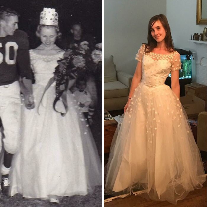 25. "Моя бабушка на школьном футбольном матче в 1957 году, и я в том же платье 60 лет спустя"