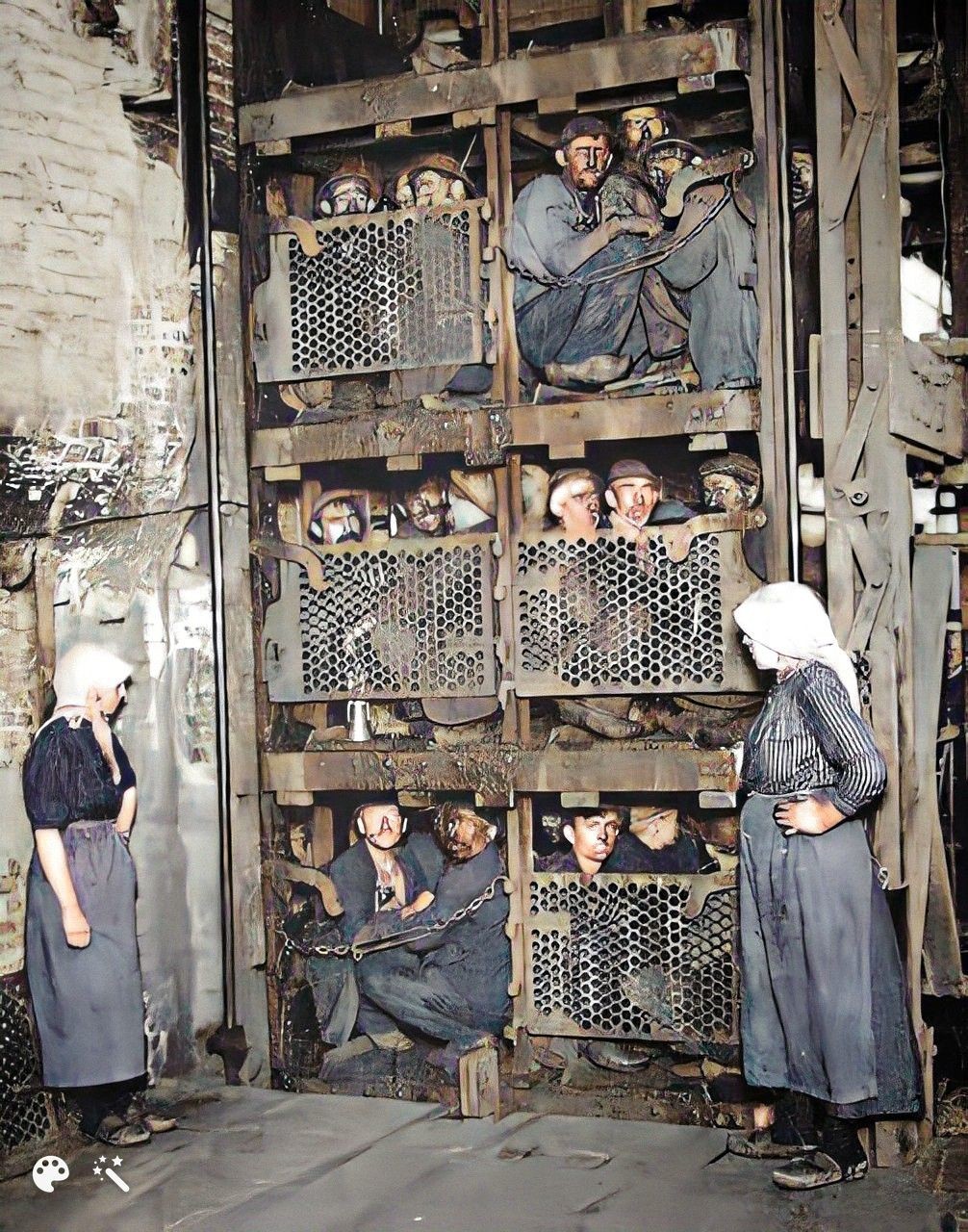 35. Бельгийские шахтеры забились в лифт шахты после рабочего дня, примерно 1900 год
