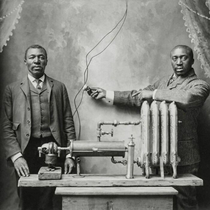 7. Изобретатель Чарльз С.Л. Бейкер и его помощник демонстрируют систему отопления/радиатор. 1906 год
