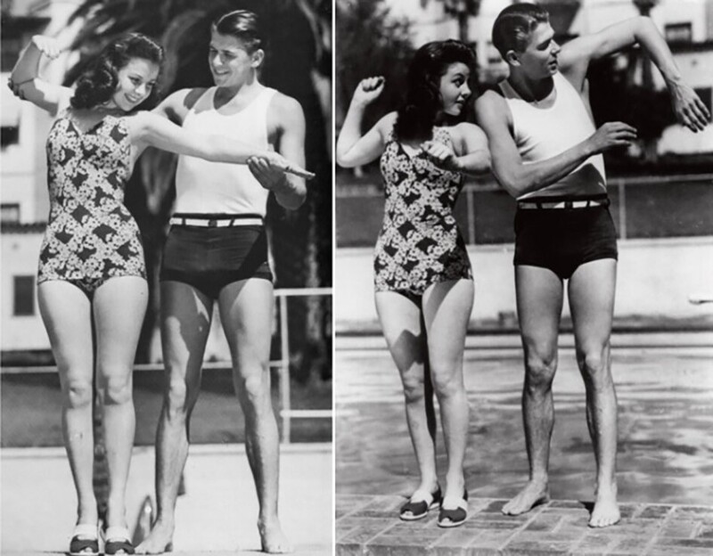 Рональд Рейган учит Сюзан Хэйуорд плавать. 1938 год