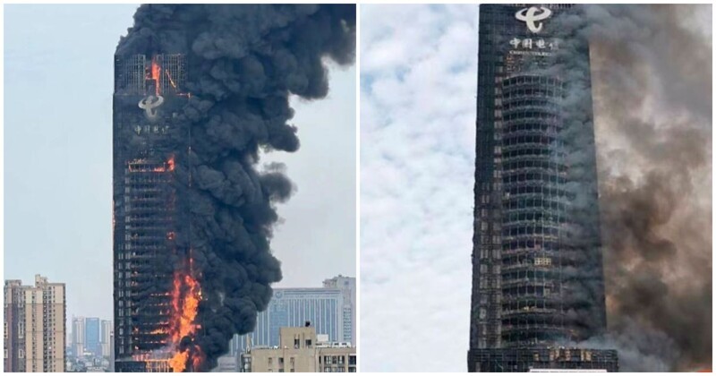 В Китае практически полностью сгорел небоскрёб высотой в 218 метров