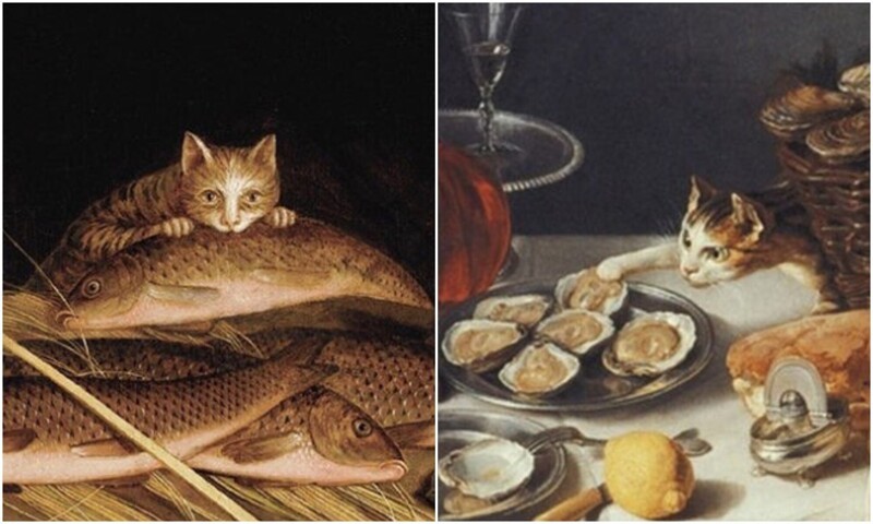 Коты, ворующие еду, с натюрмортов 17-18 века