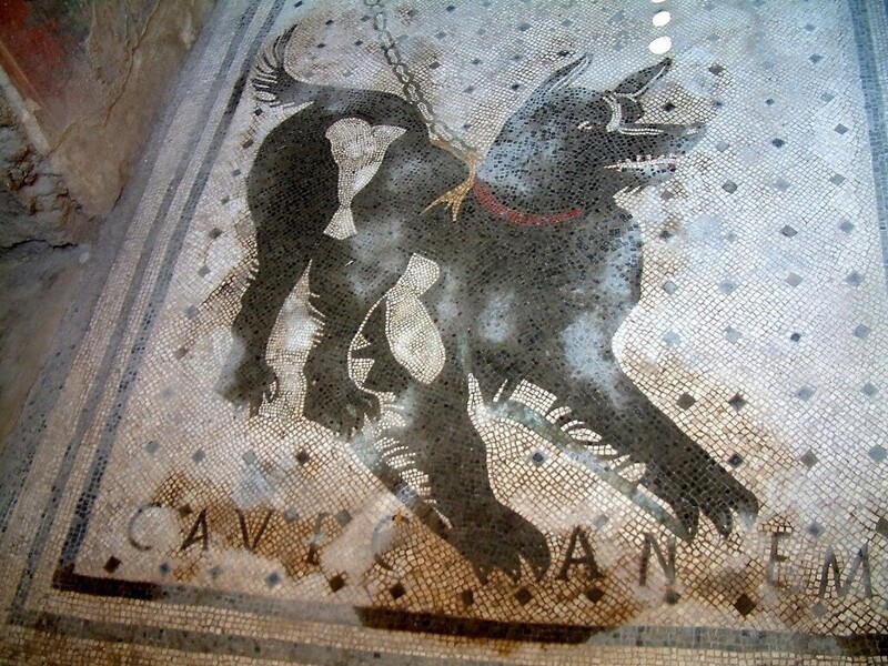 Мозаика, найденная у входа в дом в древних Помпеях, на которой написано в переводе “Берегись собаку”