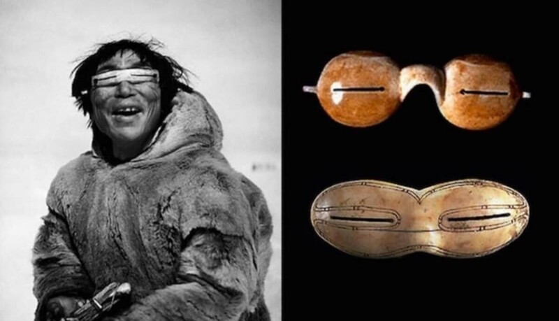 Первые изготовленные солнцезащитные очки восходят к инуитам, которые использовали измельченные кусочки моржовой кости из слоновой кости