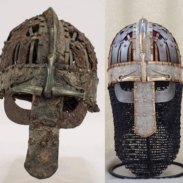 Скандинавский шлем и его восстановленная копия. Датируется 7 веком нашей эры 