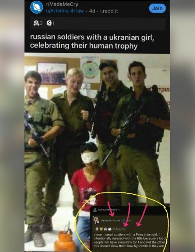 Фото израильских солдат с палестинской девушкой активно расходится по миру.  Правда солдаты названы русскими, а палестинская девушка стала украинкой.