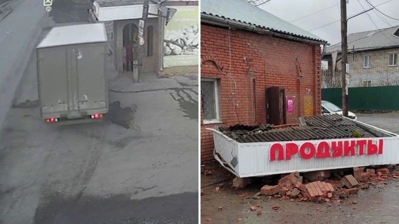 В Красноярском крае водитель грузовика снёс крыльцо магазина и чуть не покалечил продавца